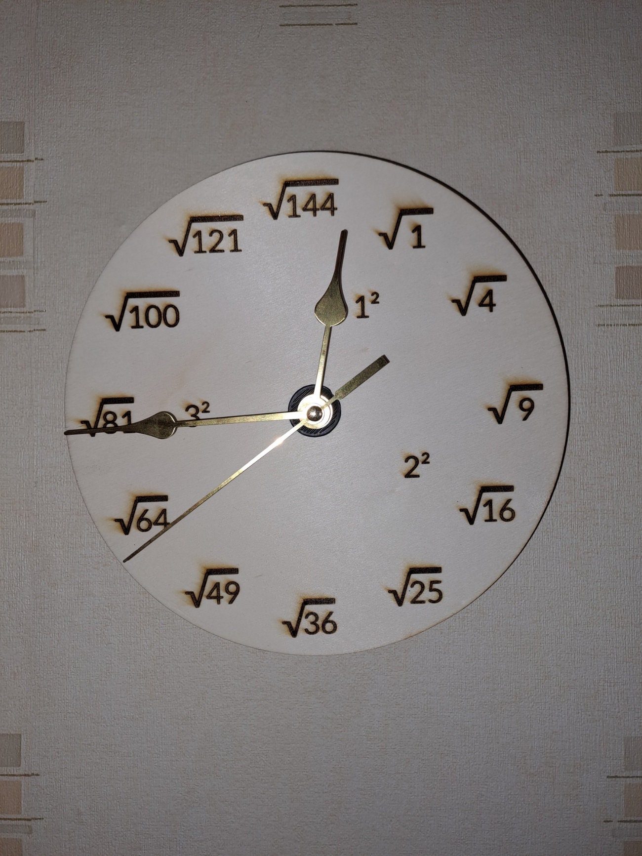 Wooden Analogue Clock With Square Roots as Numbers 20cm Discs Laser