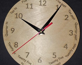 Wooden Analogue Clock with for first learning with description - 19cm discs - Laser engraved with Silent Quartz Clock Movement