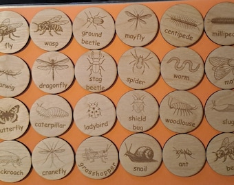 Wooden UK Minbeast Idenfication Discs 5cm diameter by 3mm thick  for home learning and forest schools