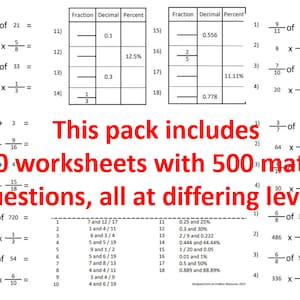 May include: A black and white worksheet with math problems involving fractions, decimals, and percentages. The worksheet is titled "This pack includes 50 worksheets with 500 maths questions, all at differing levels."