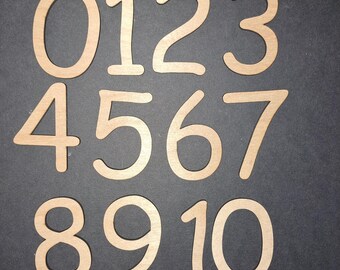 Wooden Numbers from zero to ten ready for labels counting etc - Roughly 40mm to 60mm, width varies - 3mm thick