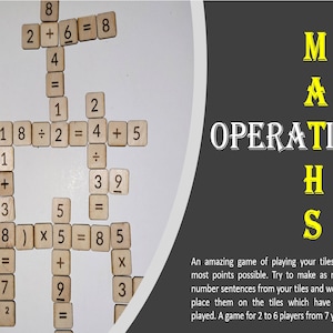 May include: A wooden game called "Math Operations" with tiles featuring numbers and mathematical symbols. The game is designed for 2 to 6 players aged 7 and up.