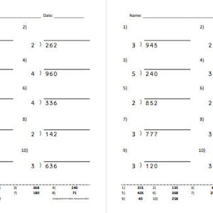 Puede incluir: Una hoja de trabajo en blanco y negro con problemas de matemáticas para dividir números. Los problemas están dispuestos en dos columnas, con diez problemas en cada columna. Los problemas son todos divisores de un solo dígito y dividendos de tres dígitos.