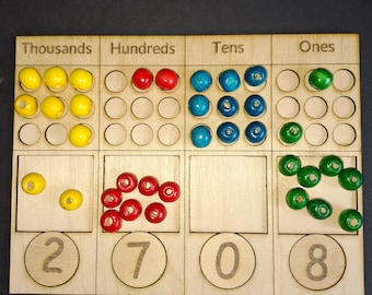 Wooden Place Value Grid from Thousands to Ones - with 36 wooden beads and 11 number tiles (0 to 10) - Montessori activity primary school