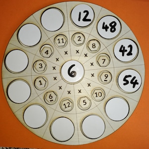 Times Tables Wooden Wheel - 13 drywipe tiles and numbers - 19cm across