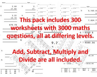 300 Maths Worksheets for Formal Addition, Subtraction, Multiplication and Division