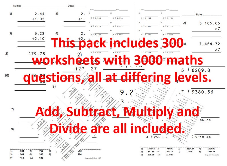 300 Maths Worksheets for Formal Addition, Subtraction, Multiplication ...