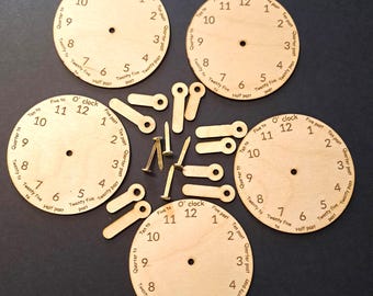 Set of 5 Wooden Analogue Clocks with for first learning and description - 9cm diameter discs - including 5 split pins and hands