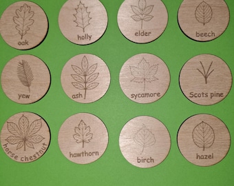 Wooden UK Leaf Idenfication Discs 5cm diameter by 3mm thick  for home learning and forest schools