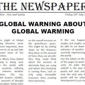 Könnte beinhalten: Ein schwarz-weißer Zeitungsartikel mit dem Titel "THE NEWSPAPER" und der Überschrift "GLOBAL WARNING ABOUT GLOBAL WARMING". Der Artikel behandelt die Auswirkungen der globalen Erwärmung und wie man Treibhausgasemissionen reduzieren kann.