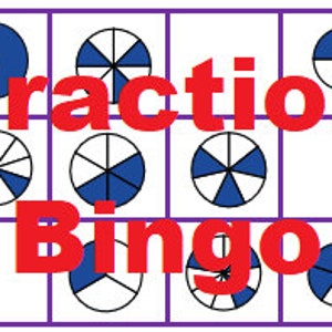 Puede incluir: Tablero de juego de Bingo de fracciones con una cuadrícula de 5x5. Cada casilla contiene un círculo dividido en secciones, algunas azules y algunas blancas. La palabra "Fracción" está escrita en rojo encima de la cuadrícula, y la palabra "Bingo" está escrita en rojo debajo de la cuadrícula.