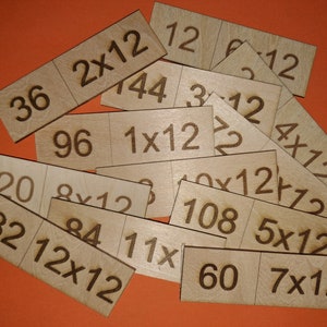 Könnte beinhalten: Ein Satz Holzplättchen mit Multiplikationsaufgaben und Lösungen. Die Plättchen sind hellbraun und haben schwarzen Text. Die Aufgaben basieren alle auf der Multiplikation mit 12. Die Lösungen reichen von 12 bis 132.