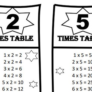 May include: Black and white printable worksheet with the 2 times table and the 5 times table. The worksheet features a star shape with the number 2 and the number 5 in the center of each star. The worksheet includes the multiplication equations for each times table.