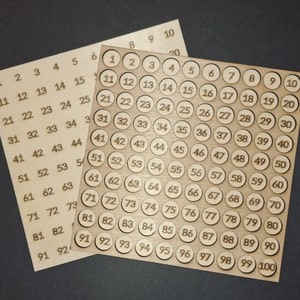 May include: A set of 100 wooden circles with numbers 1 to 100 printed on them. The circles are arranged in a grid pattern on a wooden board.