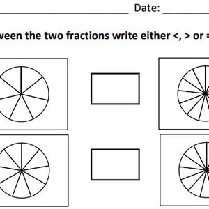 Puede incluir: Una hoja de trabajo con dos problemas de matemáticas que comparan fracciones usando representaciones visuales de círculos divididos en partes iguales. El primer problema compara 6/7 con 9/13. El segundo problema compara 8/9 con 10/13.
