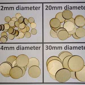 May include: Four sets of wooden circles in different sizes: 12mm, 20mm, 24mm, and 30mm diameter. The circles are arranged in a grid pattern on a white background.