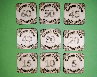 Pack of 18 Screen Time Wooden Tokens - all the 10 minutes plus 5, 15 and 45.