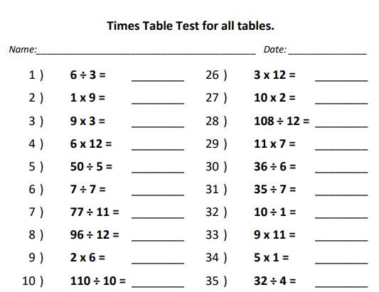 150 A4 pages Times Table Test Book including division questions - PDF files to print