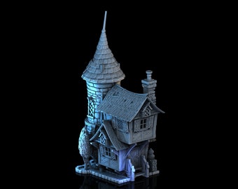 May include: A miniature fantasy house with a tall, stone tower and a smaller, wooden cottage section. The model is painted in shades of gray and blue, with detailed textures on the roof, walls, and chimney. The overall design evokes a whimsical, storybook aesthetic.