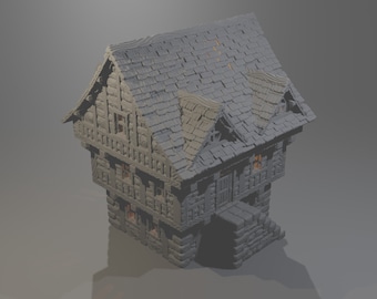 May include: A gray, stone-built, two-story house with a steeply pitched roof and multiple windows. The house has a small porch and a set of stairs leading up to the entrance.