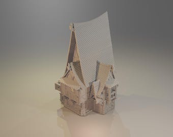 May include: A detailed, miniature model of a medieval-style building. The structure features a textured roof, multiple gabled sections, and detailed architectural elements. The color is a neutral beige.