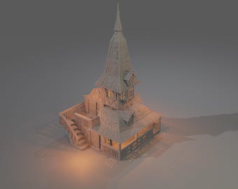 May include: A detailed wooden model of a medieval-style building with a tall, pointed tower. The structure features multiple levels, a staircase, and a textured roof. The warm lighting enhances the architectural details.