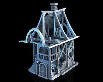 May include: A detailed model of a weathered, two-story building with a stone base and wooden frame. The roof is partially collapsed, and the structure has an aged, medieval aesthetic. The color palette is primarily gray and brown, with a dark background.