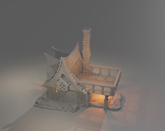 May include: A miniature, weathered fantasy house with a chimney, balcony, and a stone foundation. The roof has a curved design. The house is painted in shades of gray and beige, with a warm light emanating from the interior.