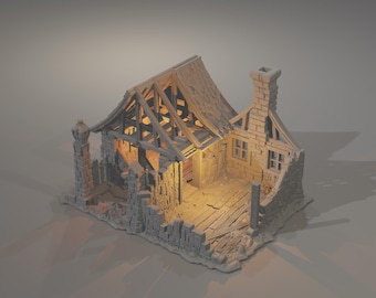 May include: A miniature, weathered cottage model with a partially collapsed roof and walls. The structure is made of stone and wood, with visible interior beams and a chimney. The scene is illuminated with warm lighting, suggesting a cozy, yet aged, aesthetic.
