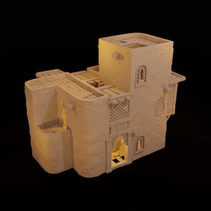 May include: A detailed model of a Middle Eastern style building, rendered in a warm beige color. The structure features multiple levels, arched windows, and decorative latticework, with a flat roof and an open doorway. The model is set against a black background.