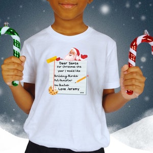 Lettre personnalisée au père Noël en t-shirt, Liste de cadeaux de Noël pour enfants avec noms d'articles personnalisés, Lettres humoristiques pour père Noël pour adultes, Cher père Noël
