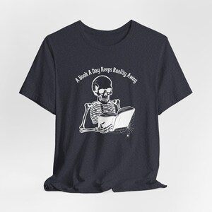 Skeleton Reading Books Funny Fall Autumn Book Reading Tees - Heather Navy
