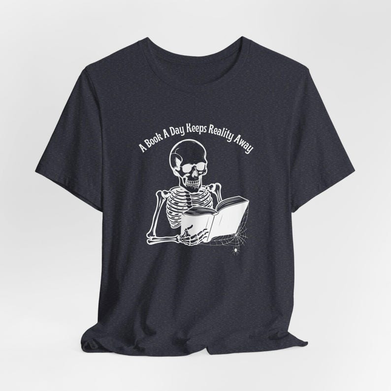 Skeleton Reading Books Funny Fall Autumn Book Reading Tees - Heather Navy
