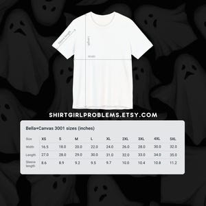 May include: A chart showing Bella+Canvas 3001 t-shirt sizes in inches. The chart lists sizes from XS to 5XL and includes measurements for width, length, and sleeve length.