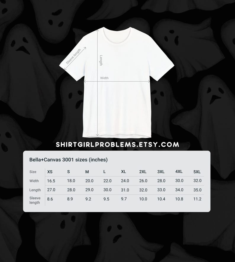 May include: A chart showing Bella+Canvas 3001 t-shirt sizes in inches. The chart lists sizes from XS to 5XL and includes measurements for width, length, and sleeve length.