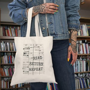 Minimalist Bookworm Tote, Read Return Repeat, Librarian Gift Tote, Book Lovers Borrowed Book Reading