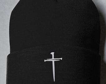Vintage Brand New Y2K White & Black Crucifix Graphic Beanie Hat