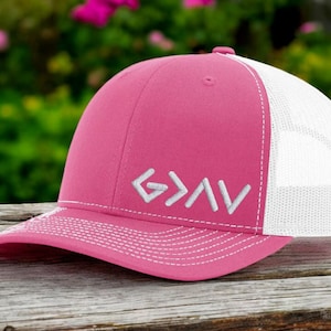 Christian Trucker Hat God is Greater Than the Highs and Lows Cap Embroidered Faith Hat Pink and White Mesh Back Gift for Her Richardson 112