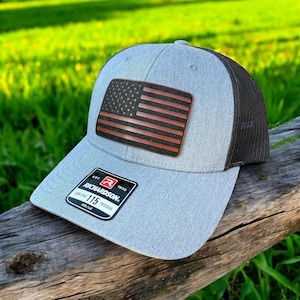 American Flag Trucker Hat Richardson 112 Cap with Leather Patch USA Patriotic Hat for Men Women Veteran Gift Mesh Snapback Gift
