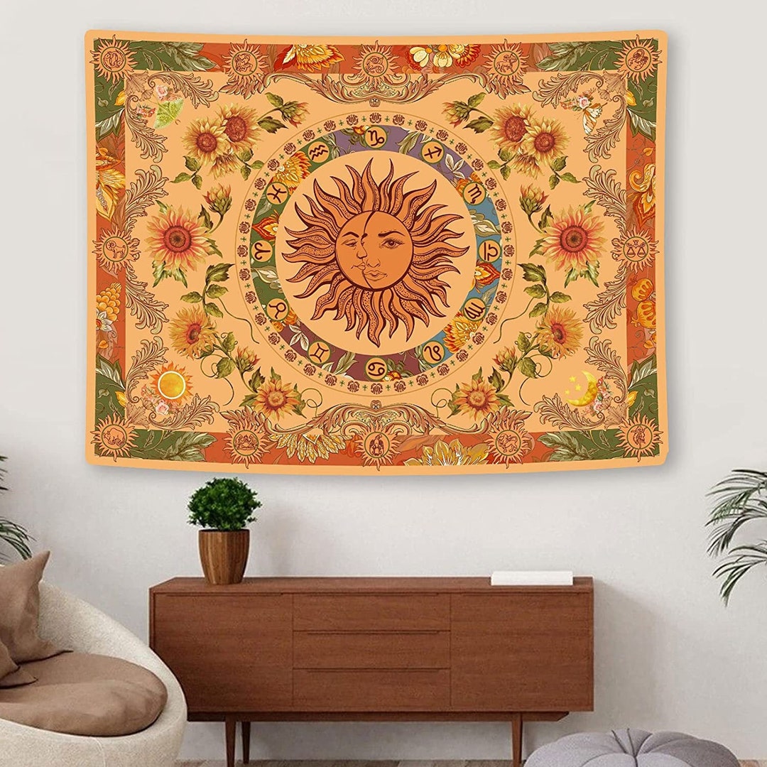 Vintage Indie Boho Yellow Sun and Moon Tapestry With Etsy