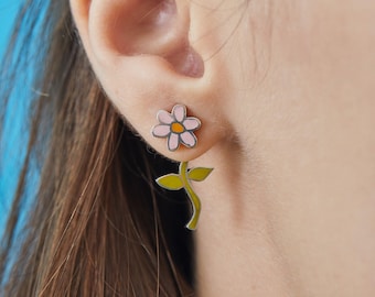 Flavio the Flower Pink Stud Earring, Silver and Enamel