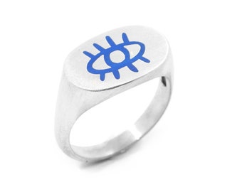 Bague chevalière ovale en argent et émail bleu