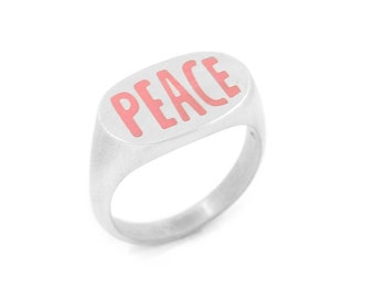 Peace Oval Signet Ring From Silver And Pink Enamel