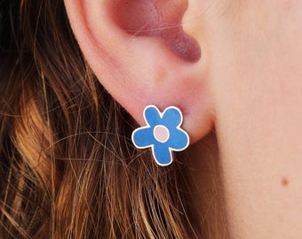 Blue Flower Enamel Silver Stud Earrings