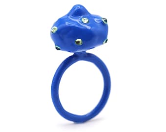 Blue Blob Ring With Green Swarovski Stones