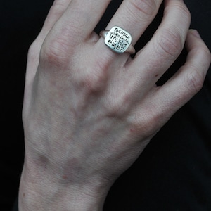 What Now Ironic Silver Signet Ring with Texts in Different Languages, French, Italian, Hebrew, Russian, English Russian