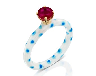 The Sweets of Bonbonia: Whipped Cream Poppy 18K Gold Solitaire Ring With Ruby And Enamel