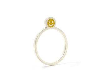 Happy Face Flat Silver Ring With Enamel