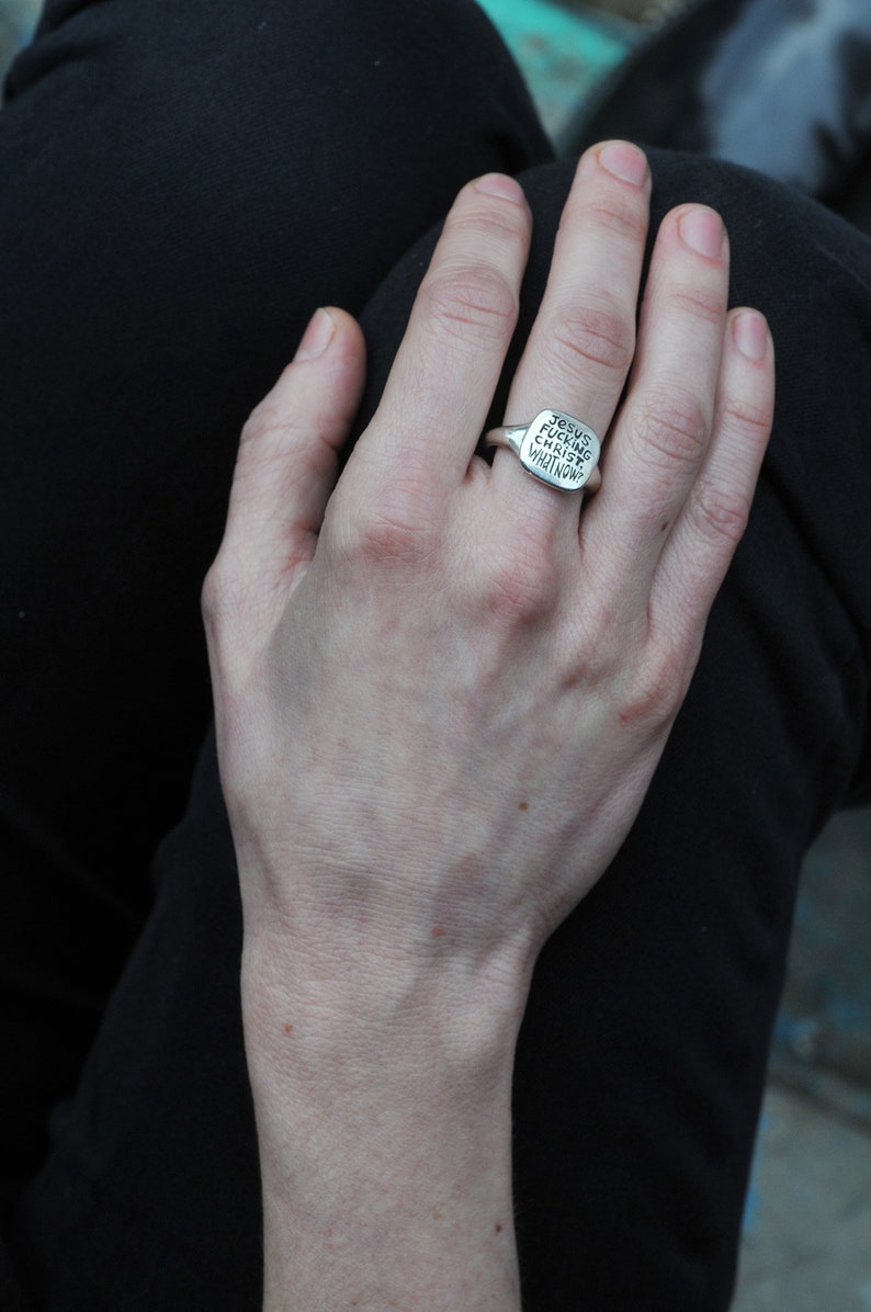 What Now Ironic Silver Signet Ring with Texts in Different Languages, French, Italian, Hebrew, Russian, English image 4