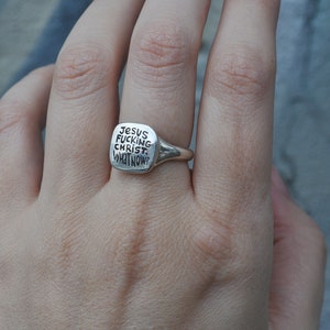 What Now Ironic Silver Signet Ring with Texts in Different Languages, French, Italian, Hebrew, Russian, English image 8